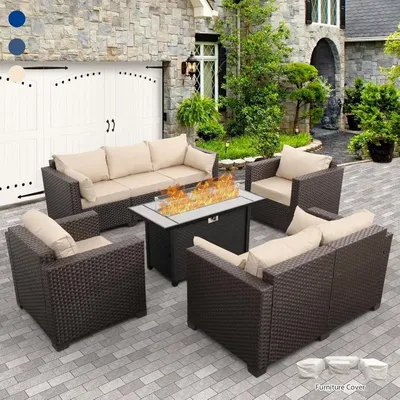 Garden Furniture 8-Piece Set with 45 in Outdoor Fire Pits, Outdoor Patio Propane Fire Pit No-Slip