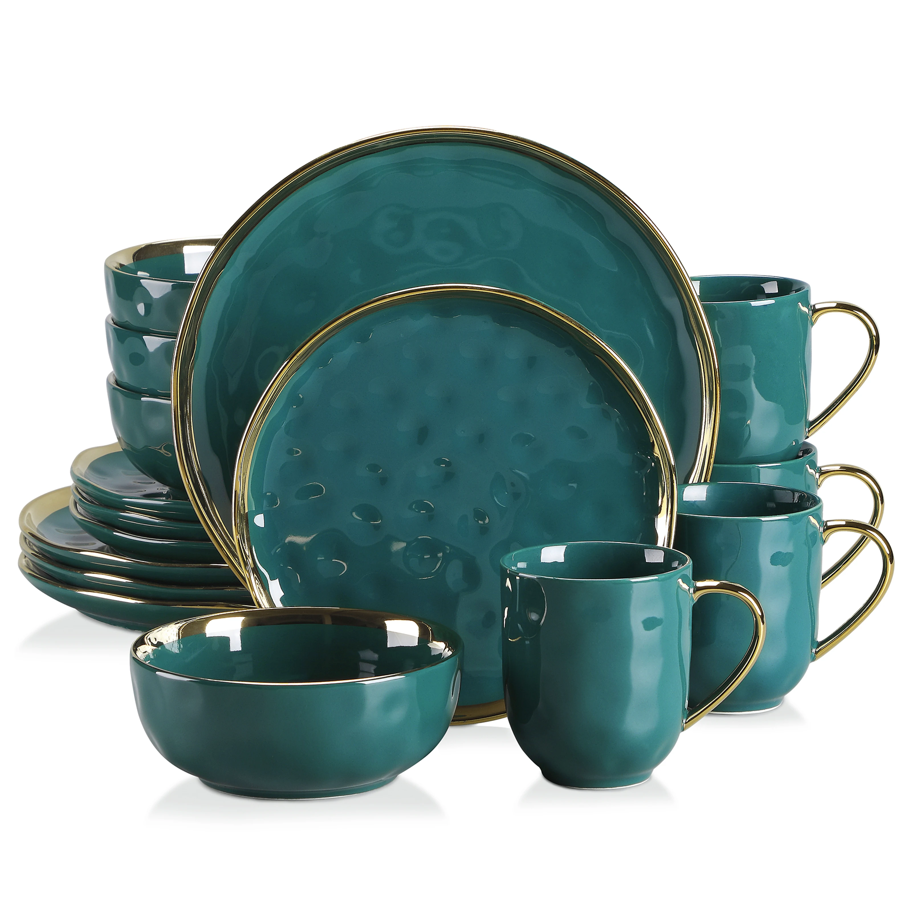 LOVECASA Set di stoviglie in porcellana verde da 16/32 pezzi con piatto da dessert con finiture dorate da 4 pezzi, piatto da pranzo, tazza, set di stoviglie con ciotola
