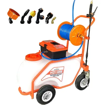 14 Gallon Push Cart Battery Powered Sprayer, PSI Electric Pump, Off Road Wheels, Battery Operated