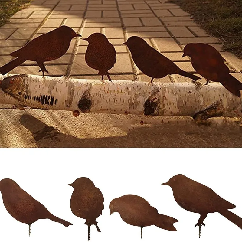 Décoration d'oiseau en fer métallique rouillé, 4 pièces, jardinage extérieur, artisanat en forme d'oiseau, décor de clôture, décorations de jardin rétro, vente en gros d'oiseaux