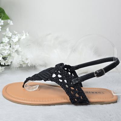 Torrid Shoes | Torrid Women's Black Woven Crochet Knit T-Strap Sandals Spring Summer Boho 8.5 | Color: Black/Tan | Size: 8.5