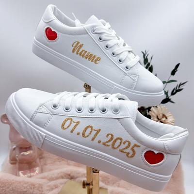 TEMU Customized Heart Accent Sneakers For - Perfect Birthday, Anniversary, Gifts - Low Top Wedding White Sport Shoes With Personalization Options - Hand Wash/, Synthetic Upper, Fabric , Image
