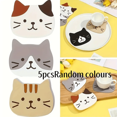 TEMU Set Of 5 Silicone Cat Coasters, Design, Heat Resistant Drink Mats, Hand Washable, For Kitchen And Home Decor Image