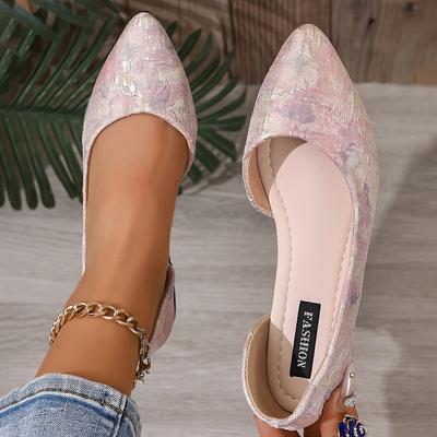 TEMU Floral Print Women's Summer Slip-on Flats - Comfortable Fabric Upper, Pointed Toe, Tpr Sole, Design For Casual Attire Image