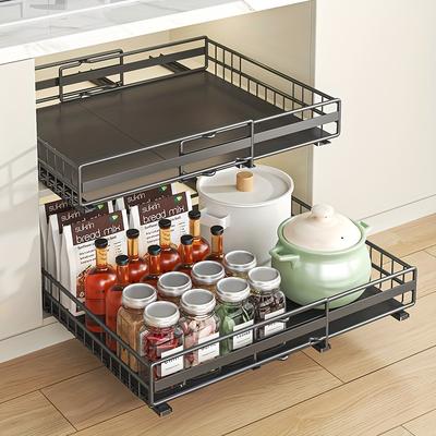 TEMU 2pcs 1pc Easy-install Pull-out Cabinet Organizers - Slide-out Drawer For Kitchen, Multifunctional Storage Rack For Pots And Bowls, Carbon Steel, Black And White Image