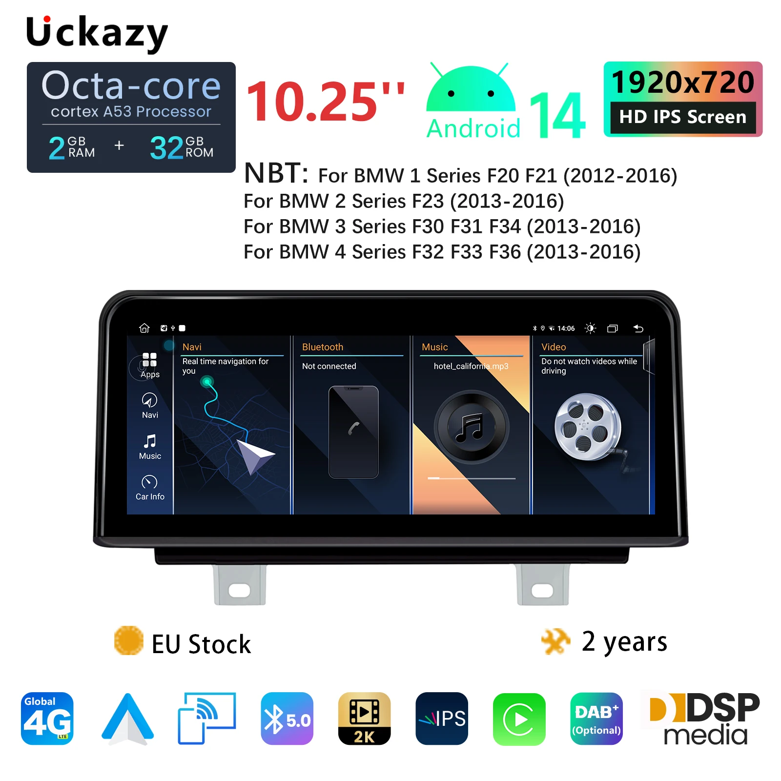 Uckazy 8-Core Wireless Carplay Für BMW 3/4 Serie F20 F21 F22 F30 F31 F32 F33 F34 F36 Android 14 GPS Auto Multimedia Player Image