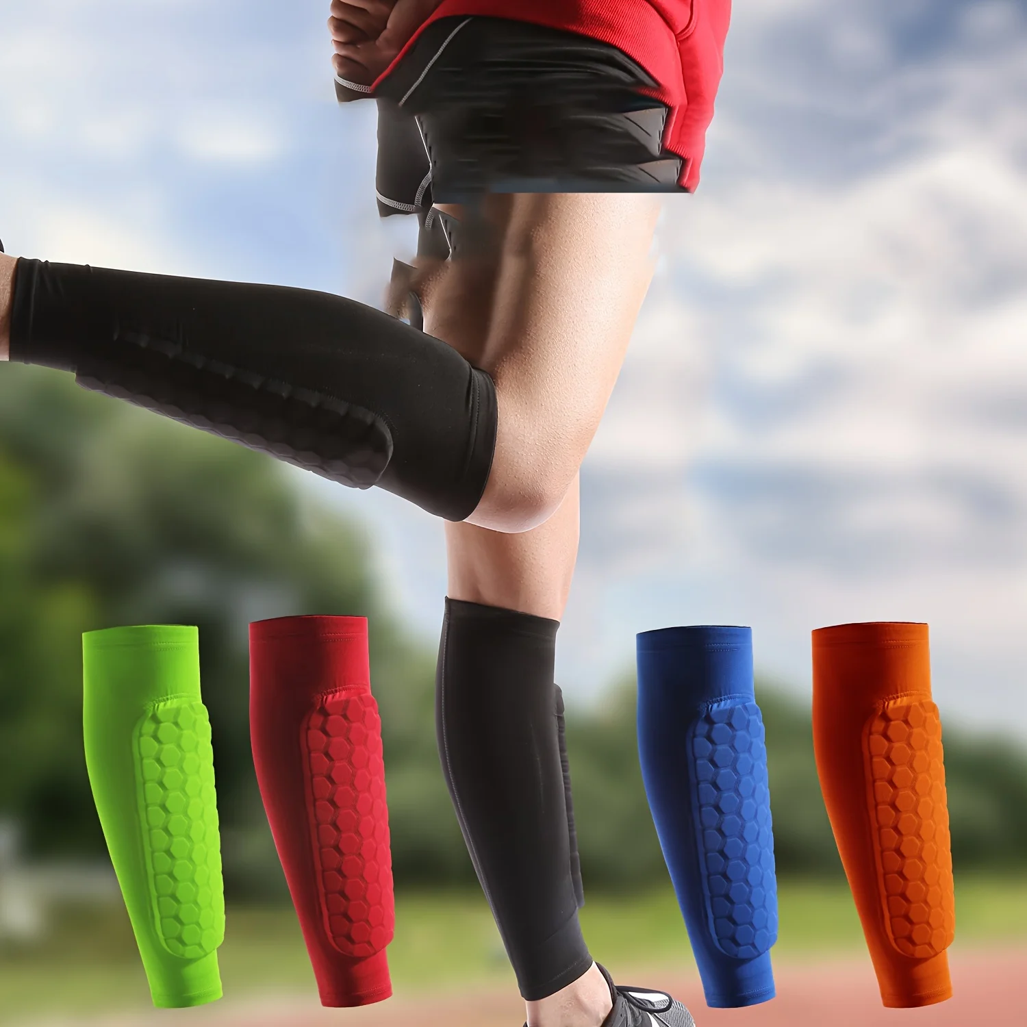 1 Stück Fußball-Leggings mit Schaumstoffärmeln, Kompressionsmanschette, Wabenpolster für Wade, Sport-Leggings und Fußballausrüstung Image