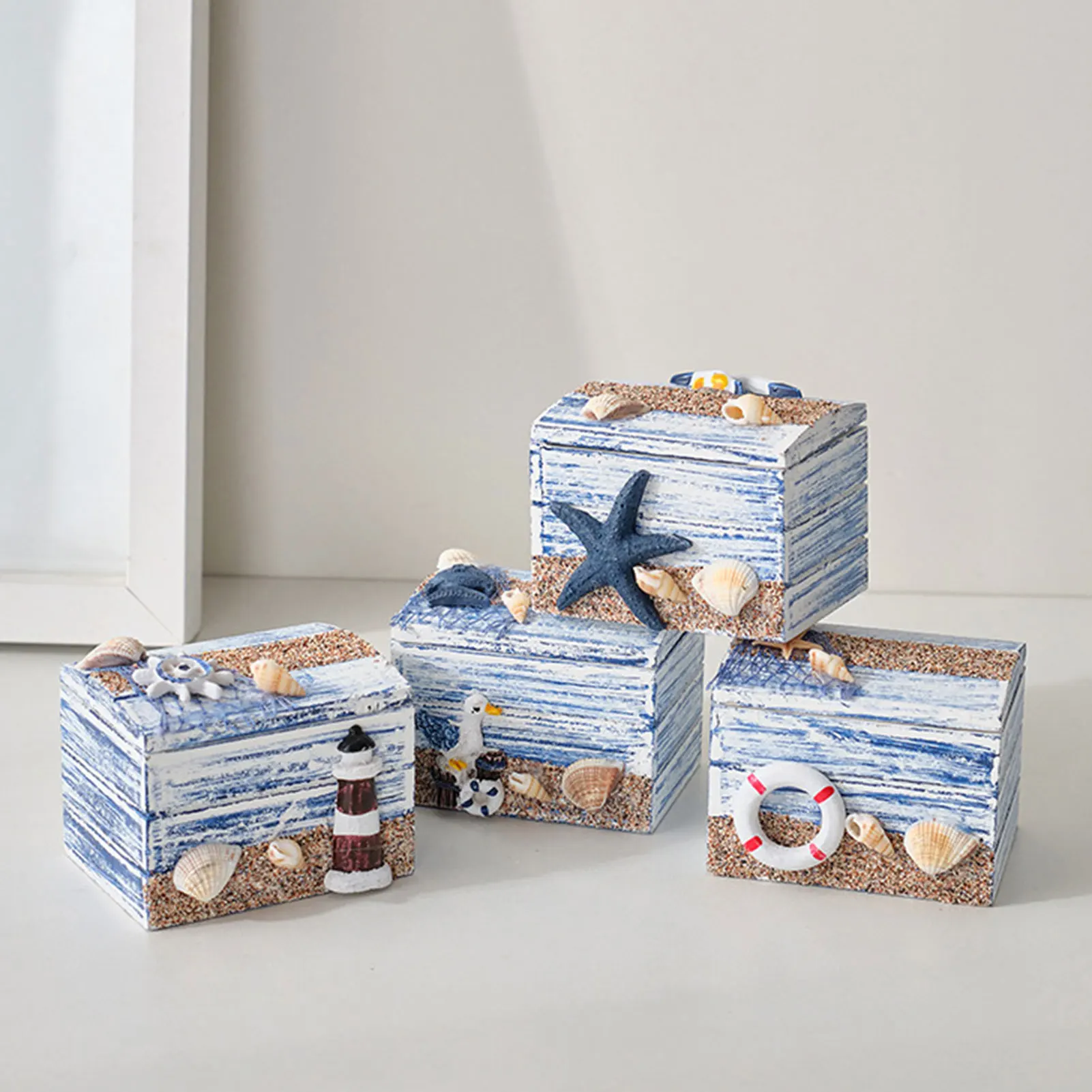 4 Stück einzigartige handgefertigte Holz-Aufbewahrungsbox im nautischen Stil, kleine Organizer-Boxen für kleine Gegenstände, Schmuck-Organizer, Desktop-Dekoration