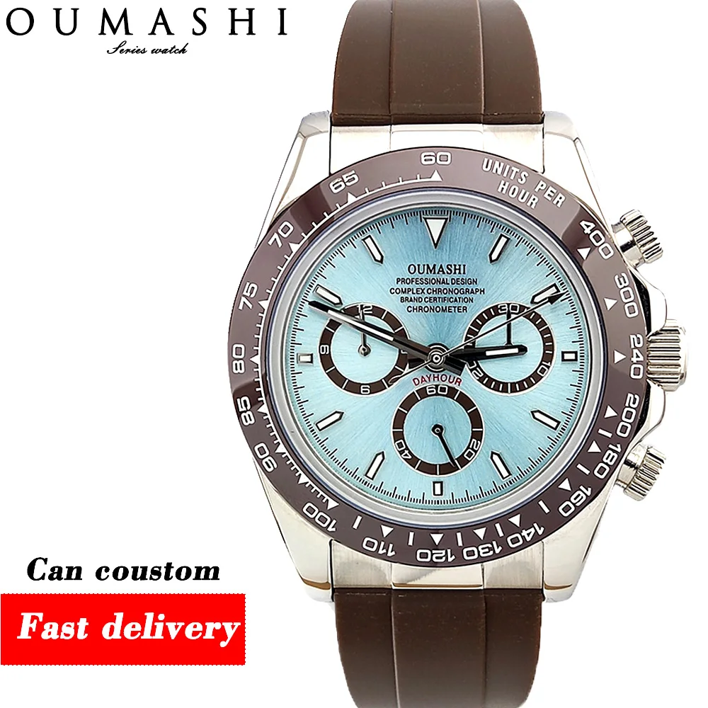 Lässige Herrenuhr Silberne Edelstahl-Saphiruhr Panda Automatische mechanische Uhr Chronograph 4130 Uhren Kautschukarmband Image