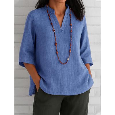 Women's Cotton Linen Blouse Solid Color Elegant Vintage Stylish 3/4 Length Sleeve V Neck Regular Tops Daily Holiday Red Blue Green Khaki Summer Spring