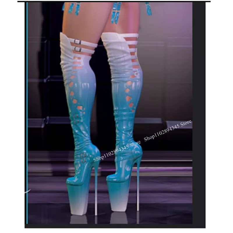 Blaue Schnalle über dem Knie Plattform Stiefel Thin High Heel Runde Kappe Mode Sexy 2024 Winter Große Größe Frau Schuhe Zapatillas mujer