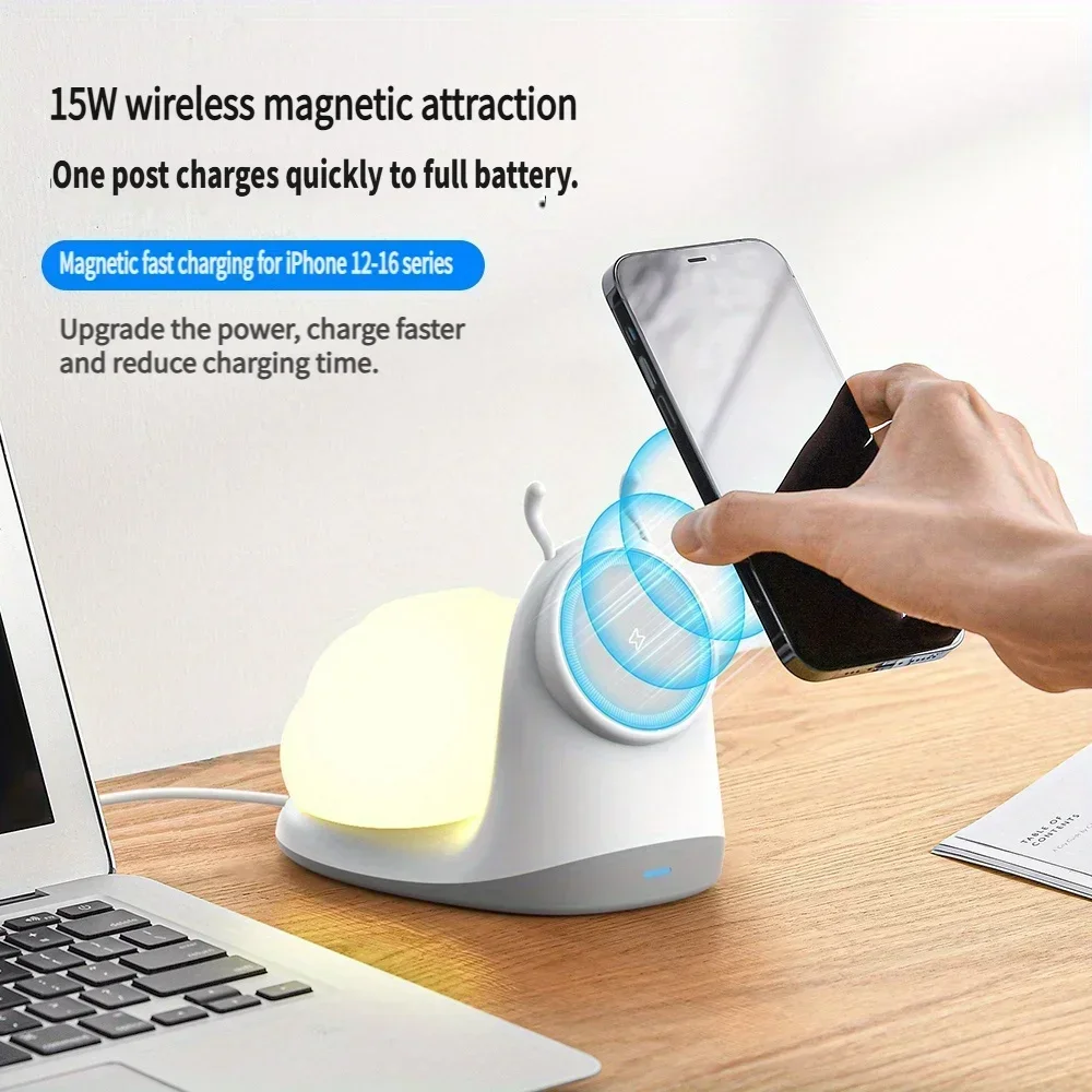15 W kreatives kabelloses magnetisches Ladegerät, Tisch- und Schreibtisch-Telefonhalter, 15 W Schnelllade-Schnecken-Nachtlicht für iPhone 13, 14, 15, 16, Samsung Image