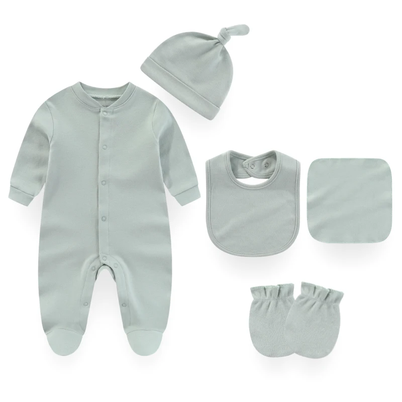 Einfarbiges Baby kleidungs set 100% Baumwolle Stram pler Spuckt uch Lätzchen Hüte Handschuhe weiches Neugeborenes mehrteiliges Set Image