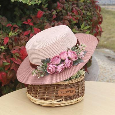 Wide Brim Summer Beach Hat with Floral Lace Tie, Breathable Paper Material, Elegant Pastel Design for Outdoor Sun Protection