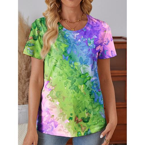 Women's T Shirt Gradient Casual Short Sleeve Round Neck Regular Tops Daily Print Blue Purple Green Rainbow Summer