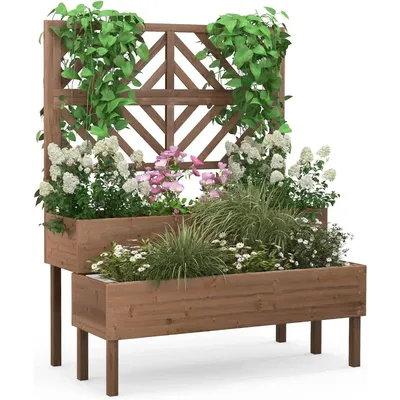 Raised Garden Bed with Trellis, 2-Tier Wooden Planter Box with Legs and Drain Holes, Garden Trellis