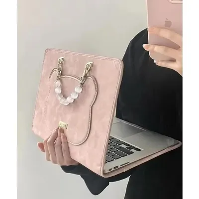 Beaded Handle Pink Laptop Sleeve Notebook Handbag 15.6in 13 Inch Computer Laptop Bag for Women 14