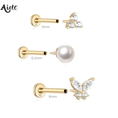 Aide Plata 100% Real 14K Solid Gold 5/6.5/8mm Length Stud Earring Simple Design Piercing Ear Bone Ear Studs DIY Vintage Jewelry