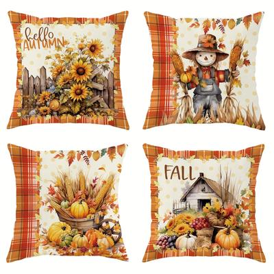 TEMU Autumn Throw Pillow Covers Set Of 4, Polyester Woven Geometric Pattern, & Harvest Theme, Zippered 18x18 Inch Decorative Cushion Cases For Living Room, Machine Washable Image