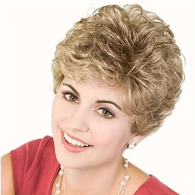 TEMU 1pc Elegant Short Curly Cut Wig For Women - Brown To Blonde Gradient, , High-density 130%, Breathable Cap, & Parties, Short Hair Wig Image