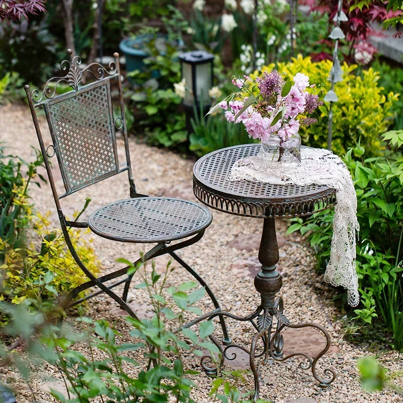 European Vintage Iron Garden Table Foldable Coffee Chairs for Outdoor Terrace Decor with Do Old Design Durable Garden Furniture