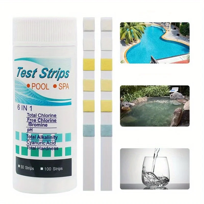 50 Streifen 6-in-1-Pool- und Spa-Wasserteststreifen – genaue Messung von PH, Chlor, Brom, Gesamtkalalität, Cyanurinsäure und Image