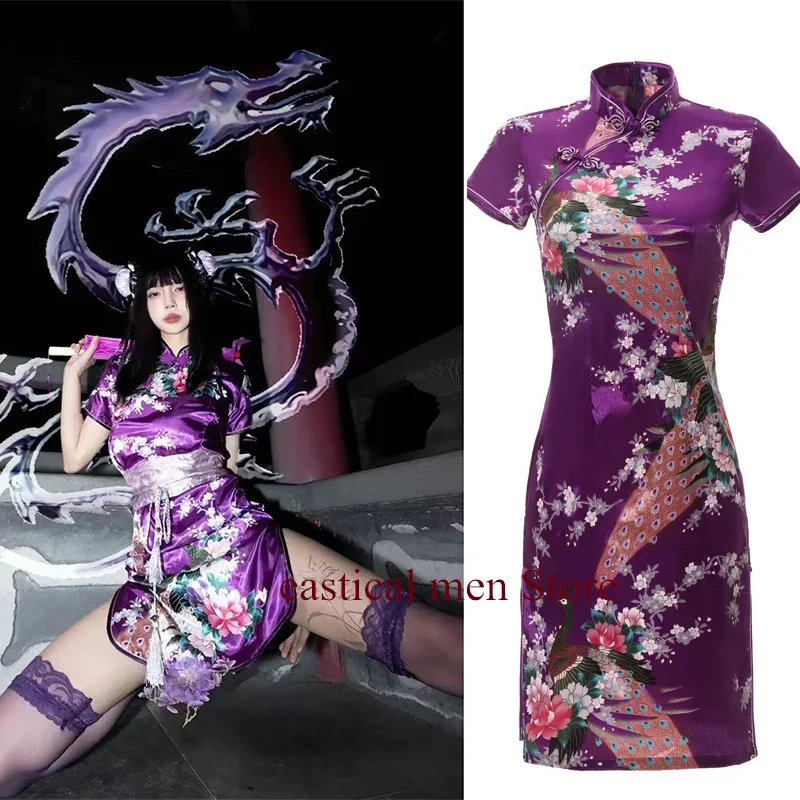 Cosplay China Puppe Qipao Druck Blume Cheongsam Mädchen Y2K Sexy Mini Chinesischen Stil Kleider Lila Kung Fu Kostüme Plus Größe 6Xl