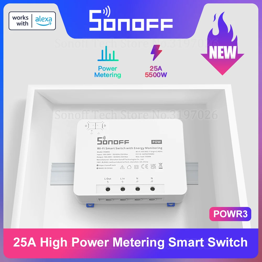 SONOFF POW R3 25A Leistungsmessung WiFi Smart Switch Überlastschutz Energiesparende Verfolgung auf eWeLink-Sprachsteuerung über Alexa Image