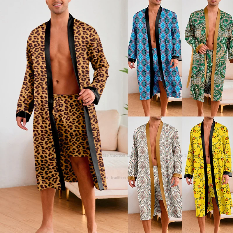 Männer 2-teilige Nachtwäsche Leopard Bademantel Set Satin Kimono Peignoir Homme Lange Herren Sexy Nachtwäsche Loungewear Home Dressing Kleid Image