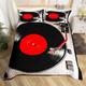 Homewish Vinyl Record Double Bedding Set,Red and Black Music Player Duvet Cover for Kids Child,Modern Musical Rhythm Bedding Set,Vintage Country Style Reversible Bedspread Cover,3 Piece