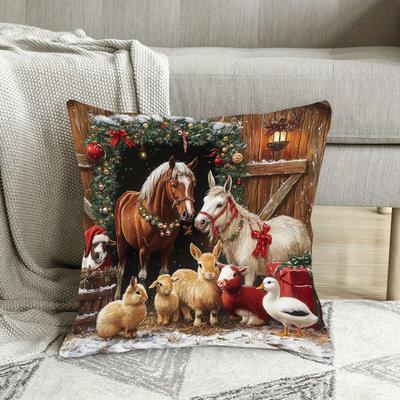 TEMU Christmas 18x18 - , , Washable, , Cushion For - Features Horses, Goats, Ducks, , And Pigs Image