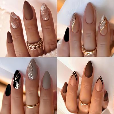 TEMU 96pcs Almond-shaped Press-on Nails Set, Medium Length, Mixed Pattern, Glossy Finish - Fashionable Autumn & Winter Nail Art For Women Image