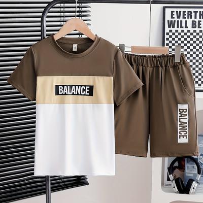 "TEMU Boys' Summer Casual Fashion Set - "balance" Print Short Sleeve Tee & Shorts, Polyester , Brown And White, Outdoor" Image