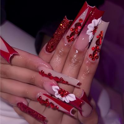 TEMU Box Of 24 Long Square Crystal False Nails Removable With Jelly Glue And Nail File For Girls And Ladies Image