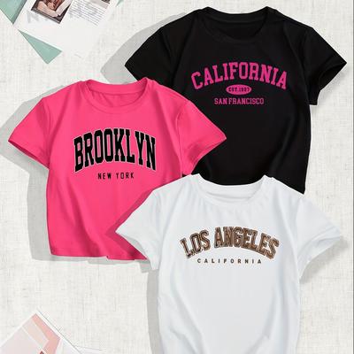 TEMU 3pcsset Black, White & Pink Casual, Simple & Vintage Brooklyn Graphic Round Neck Loose Short Sleeve Cropped T-shirts For Ladies, Suitable For Summer Image