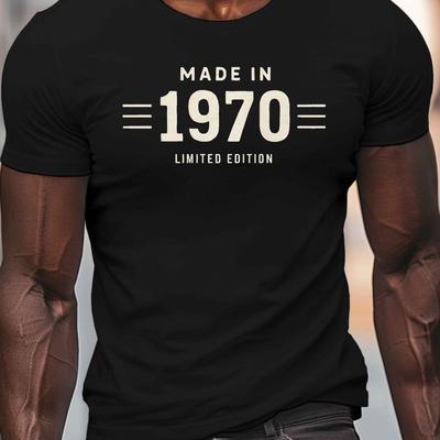 TEMU Men's Casual Crew Neck T-shirt, 1970 Print, 100% Polyester Knit Fabric, Stretch, Regular Fit, Summer Lightweight Top, Geometric Pattern, 150gsm - Black Image