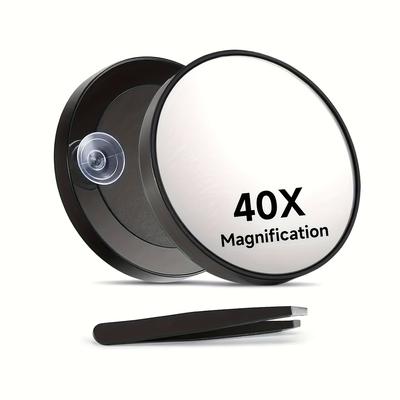 TEMU Handheld Magnifying Glass Set With Suction Cup And Tweezers, 40x Makeup Mirror For Precise Application And Hair Removal - Designed For Use Only Image