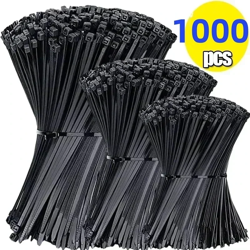 1000/100 Stück selbstsichernde Kunststoff-Nylon-Krawatte, schwarz, mit Reißverschluss, Nylon-Kabelbinder-Set, Befestigungsring, Schlaufen-Drahtwickel für Zuhause Image