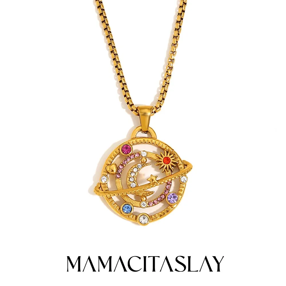 MamacitaSlay 316L Edelstahl Mehrfarbige Strass Galaxy Mond Stern Runde Halskette Wasserdicht 18K vergoldet Halsschmuck Image