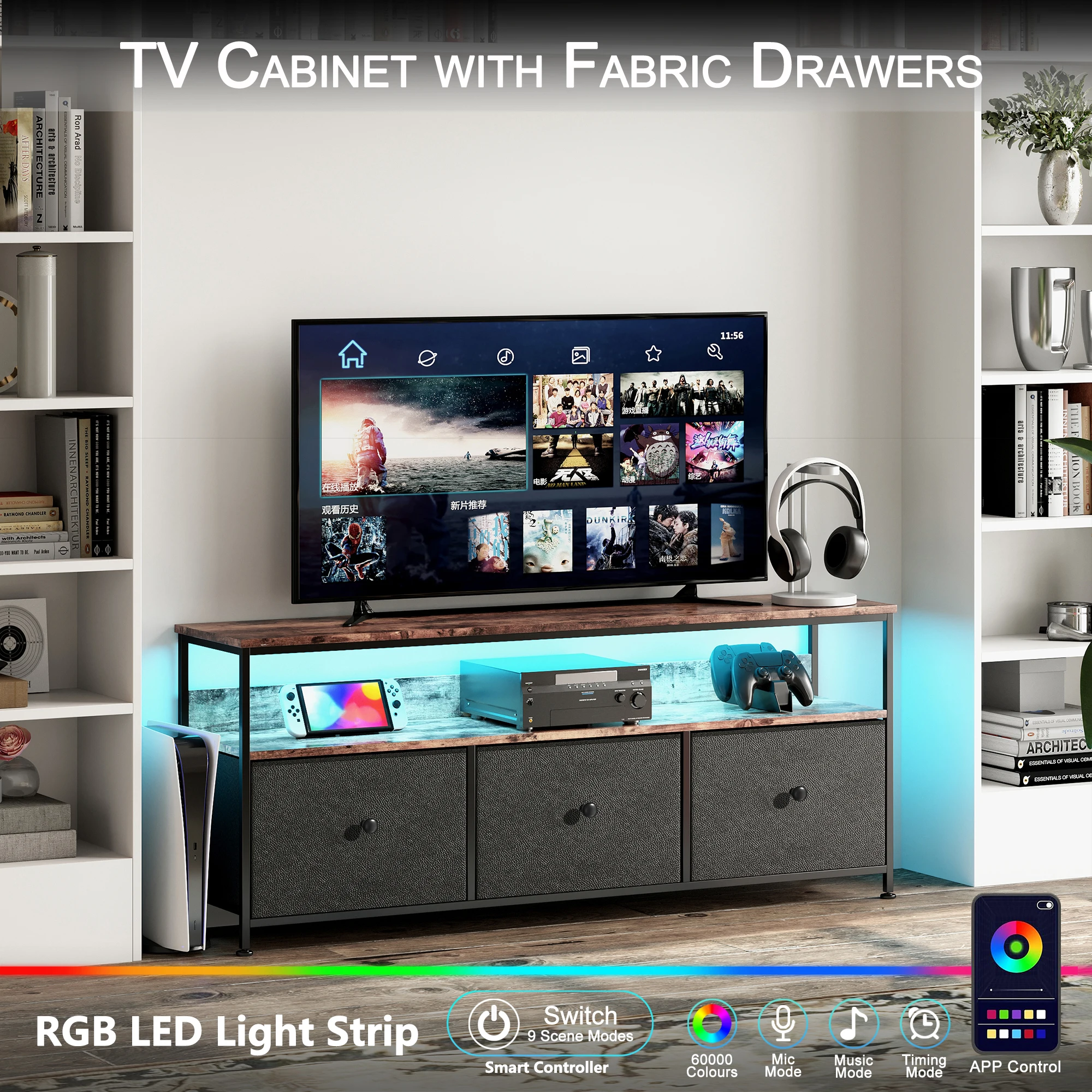Lazyspace 108 cm/137 cm TV-Schrank mit LED-Lichtleiste, TV-Ständer mit Stoffschubladen, Muebles De Salon, TV-Tisch für Wohnzimmer