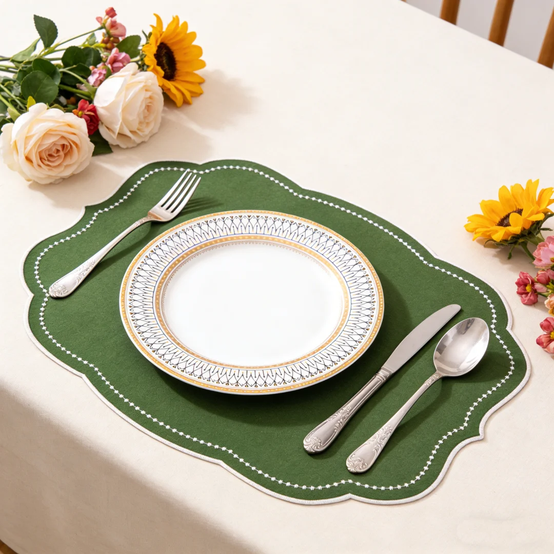 Ovale Bestickte Tischsets Set mit Vier Stück Leinen-Baumwolle für Zuhause Hotel Hochzeit Geburtstag Tischdekoration Image