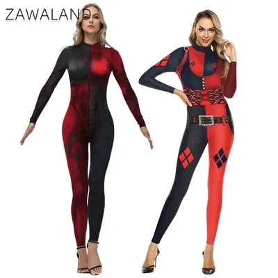 Zawaland Harley Clown Kostüm Cosplay Film Quinn Body Frau 3D Gedruckt Overalls Zentai Halloween Kostüm Sexy Body Image