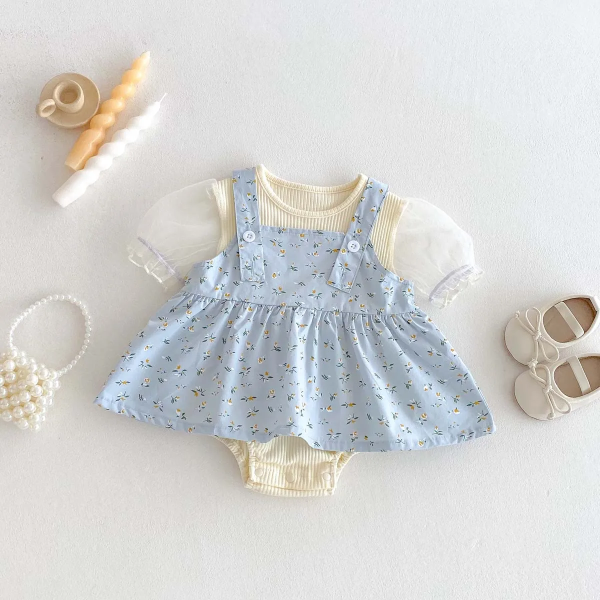 Baby Mädchen Sommer Neue Stil Blase Hülse Kurzarm Kleidung Floral Hosenträger Rock Set Baby Stilvolle Vollmond Kleidung Image