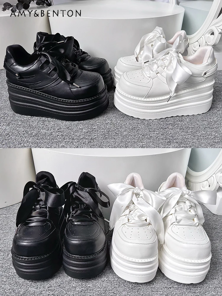 Subkultur japanische Deep Mouth Plateaus chuhe Mine Round Head vielseitige Turnschuhe Preppy Style Cross Schnür Lederschuhe Frauen