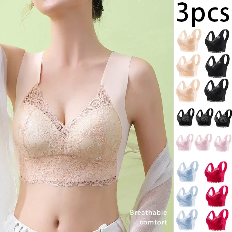 3 stücke Eis Seide Nahtlose Spitze Bh Top Unterstützung Unterwäsche Kein Stahl Ring Bequeme Große Größe Bh Weste Bralette Image
