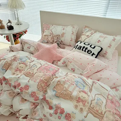 Korean Pink Bedding Set No Filler Ins Kawaii Bear Floral Bed Sheet Duvet Cover Pillowcases Full Queen Size Kids Girls Bedspread