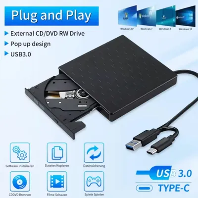 2in1 USB 3.0 Slim Type-C External DVD Drive Portable RW CD Burner Reader Player Optical Drives DVD