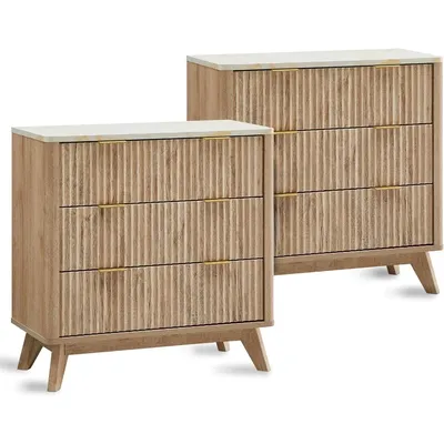 32" Tall Fluted Nightstand Set of 2, Modern Side Table with Faux Marble Top, 3 Drawers End Table