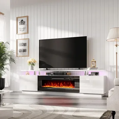 FireplaceTV Stand with 40" Fireplace, 80" Modern High Gloss Fireplace Entertainment Center LED