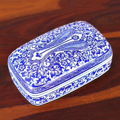 Paradise in Blue,'Folk Art Blue and White Papier Mache and Wood Jewelry Box'